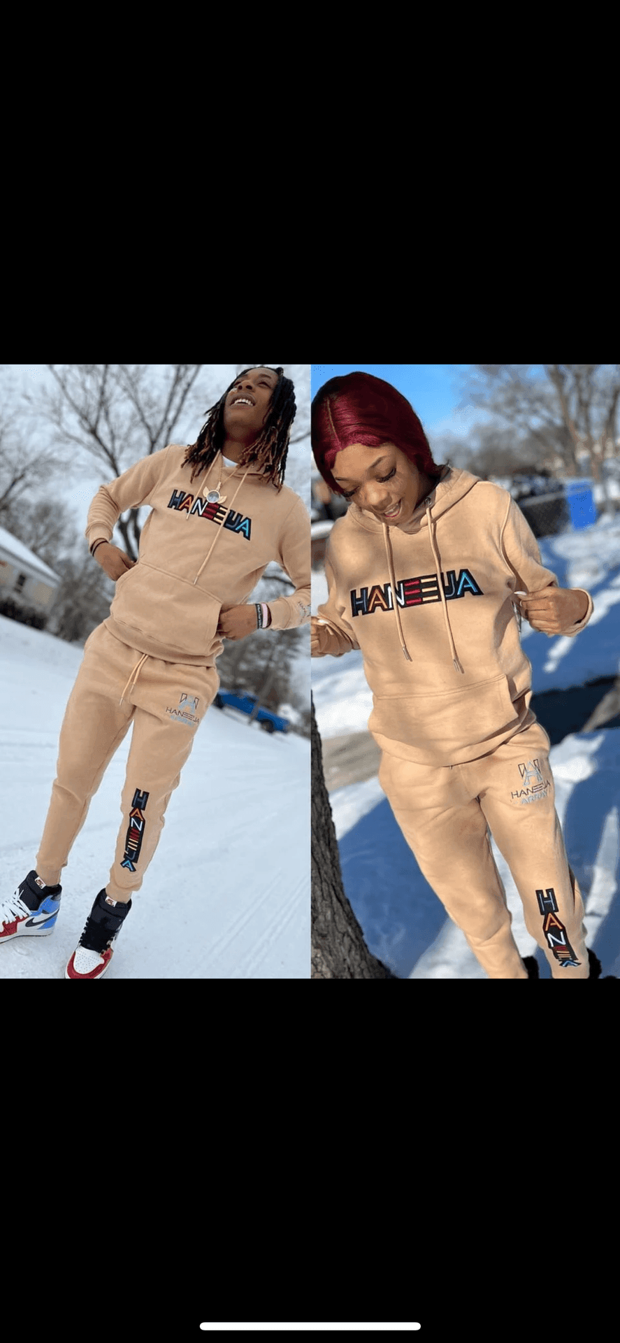 Two people wearing matching tan sweatsuits with colorful logos, standing outdoors in a snowy setting.