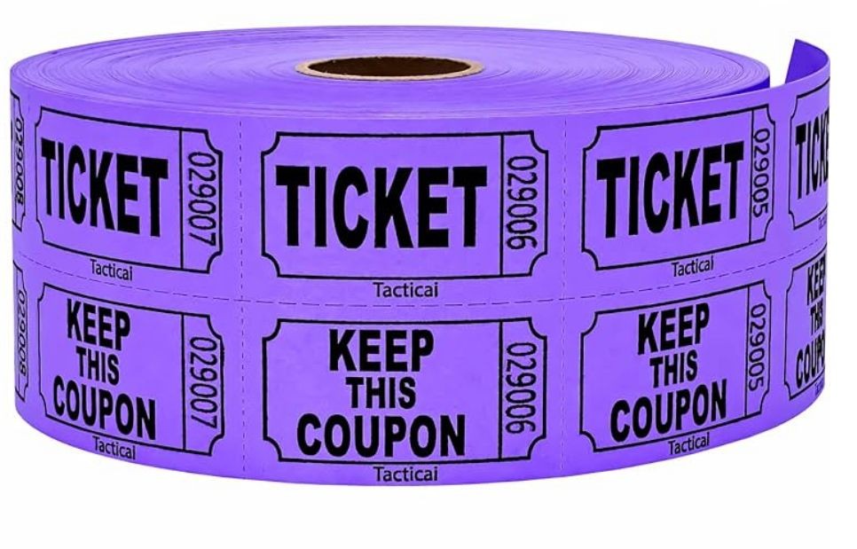 Roll of purple raffle tickets with 'Keep This Coupon' and 'Ticket' printed on each.